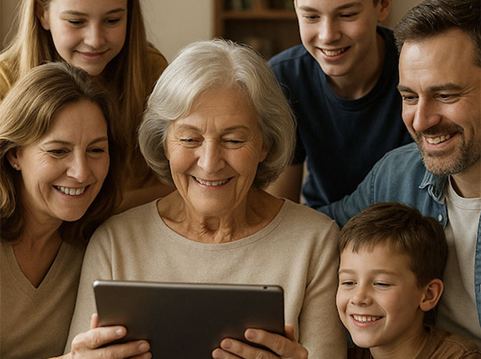 Three generations of a family gathered around a grandmother